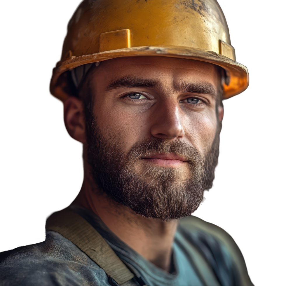 Handsome man wearing a worker helmet stands confidently beside a wall of bricks at a construction site, Handsome man in worker helmet with brick png