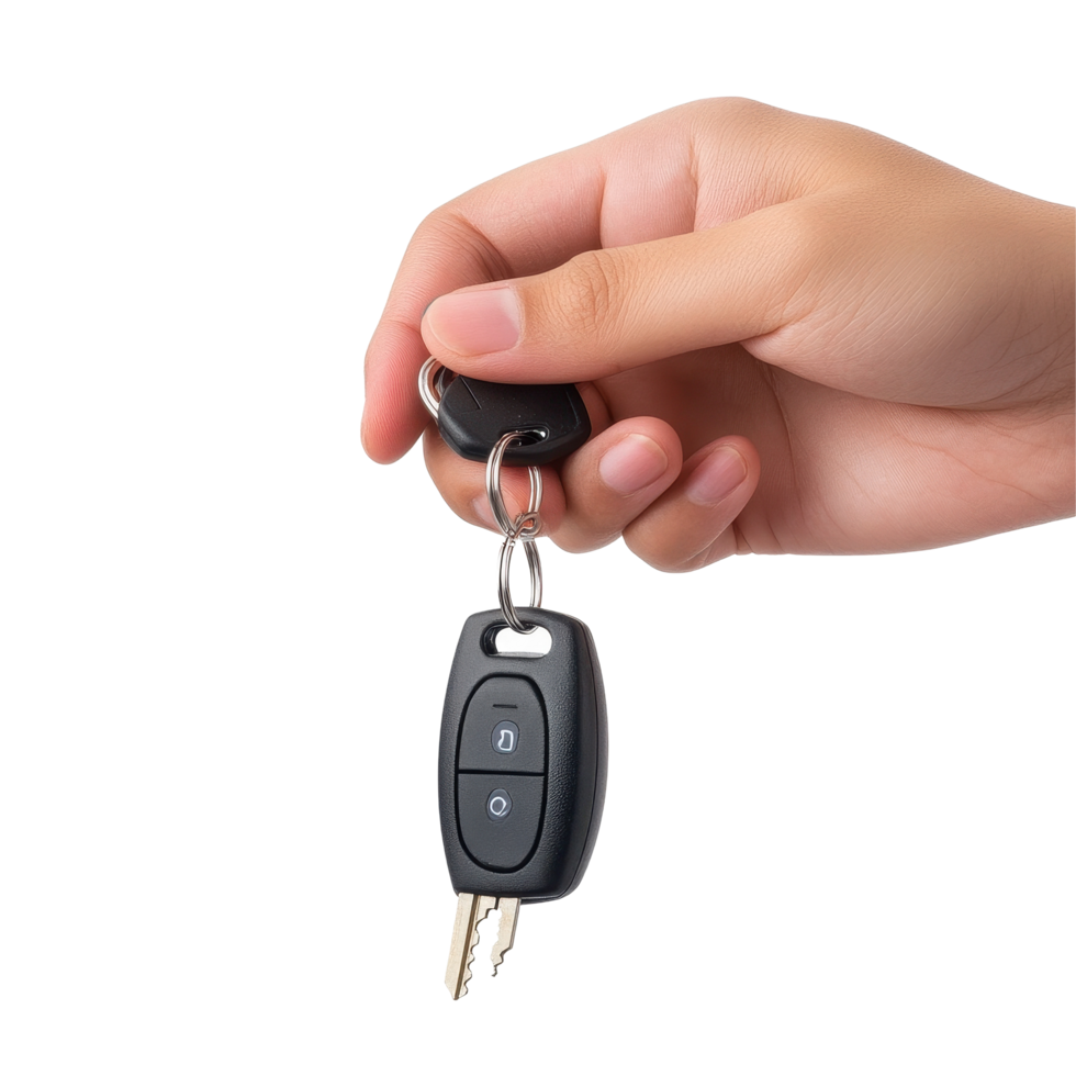 Hand holding car keychain isolated on white background with focus on automotive features, Image hand holding car keychain isolated on white background file on white background png