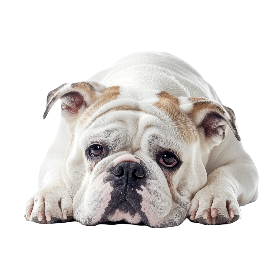 Bulldog relaxing on a smooth white surface with a serene expression and soft fur coat, Bulldog on white background png