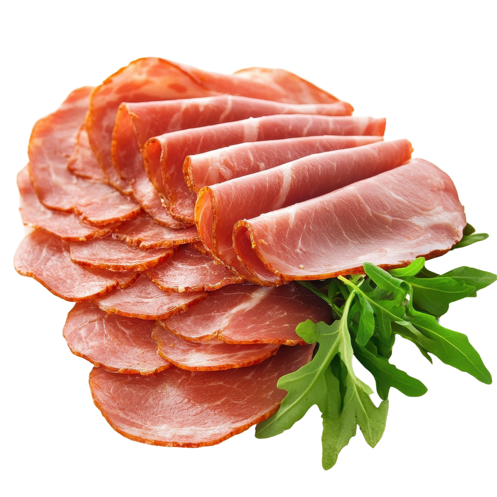 Sliced ham served with fresh arugula on a clean Transparent background, Sliced ham isolated on background png