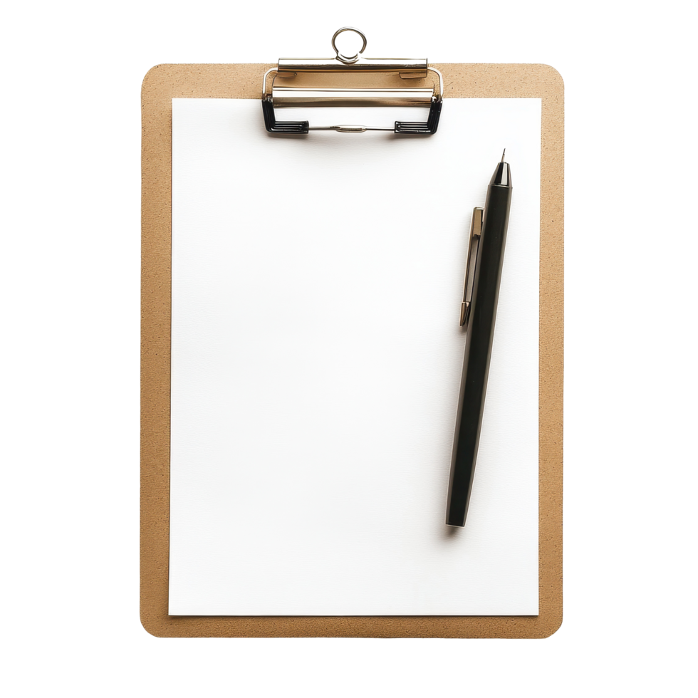 Blank clipboard with pen on white background ready for notes or drawings in a clean workspace, Blank Clipboard with Pen png
