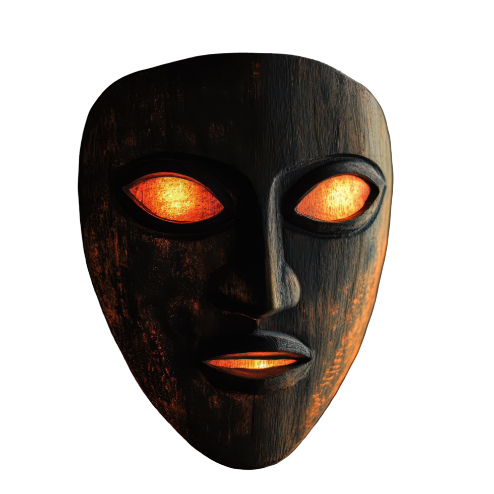 Wooden mask with glowing eyes radiates mystique against dark backdrop, wooden mask with glowing eyes on a dark background Transparent background png