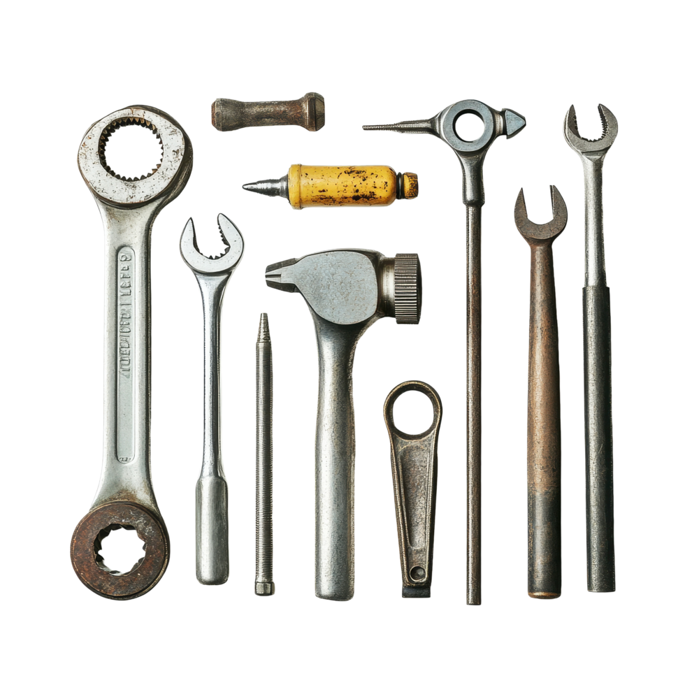 Collection of metallic tools arranged on a Transparent background for effective visual presentation, Metallic tools isolated on background png