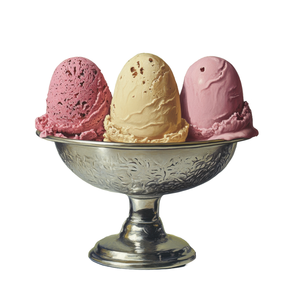 Three colorful ice cream scoops in a silver bowl set against a soft pastel background, Ice Cream Scoops png
