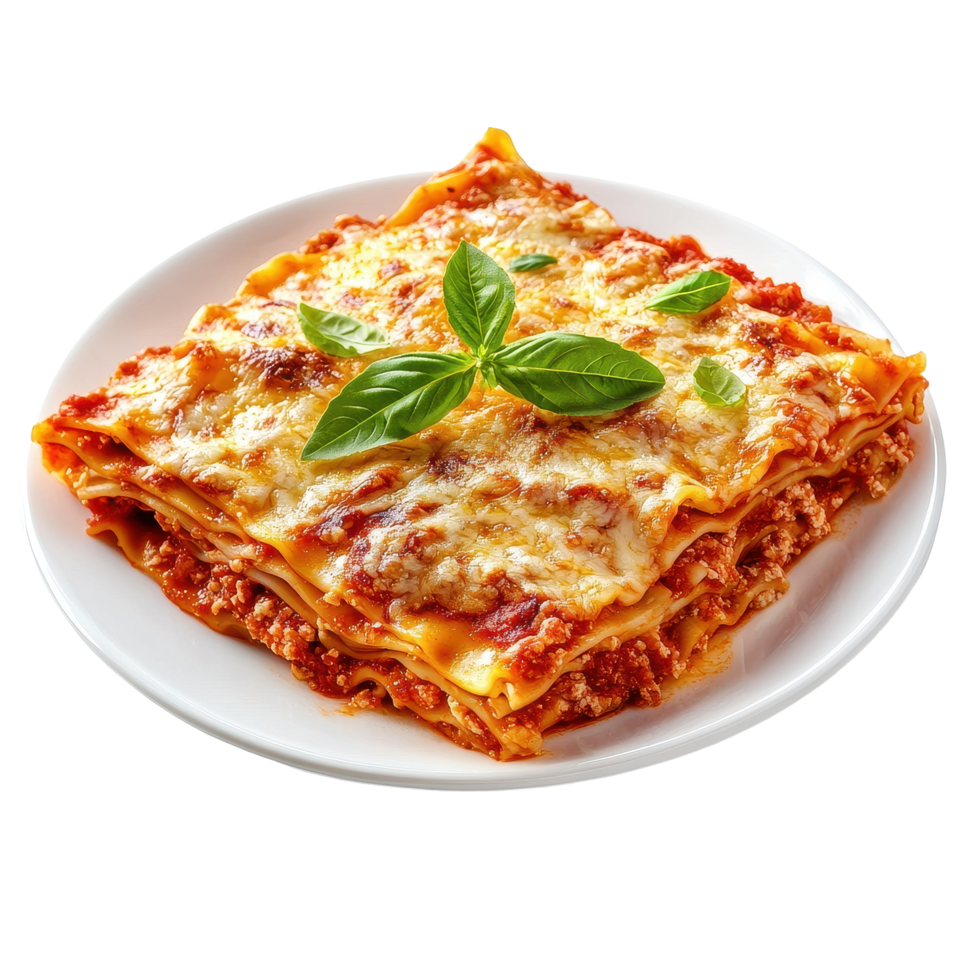 Delicious homemade lasagna plated on a Transparent background, featuring layers of pasta, meat, and cheese, Lasagna on a plate isolated on background png