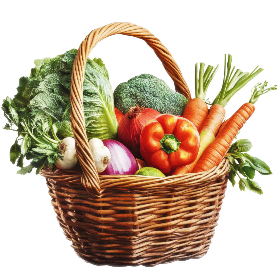 Fresh vegetables gathered in a woven basket showcasing vibrant colors and healthy options, fresh vegetables in basket png