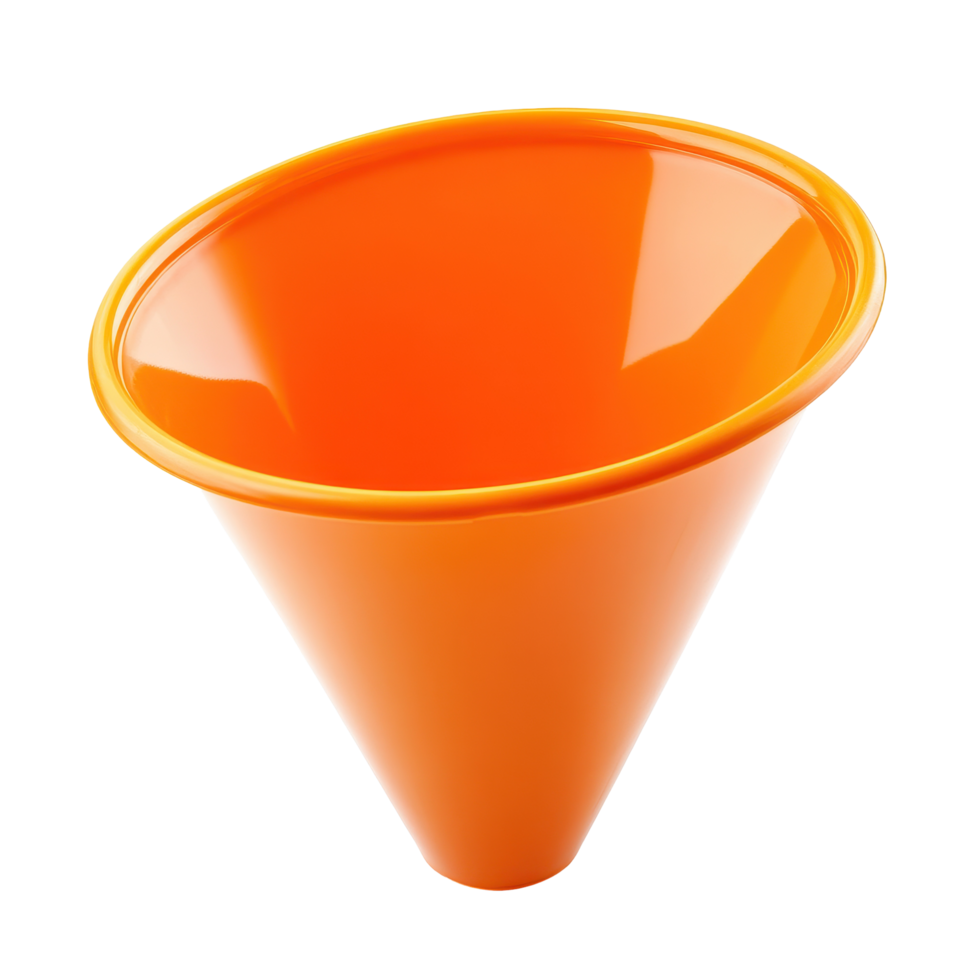 Bright orange plastic funnel placed on a clean Transparent background for versatile kitchen use and convenient pouring tasks, Orange plastic funnel isolated on background png