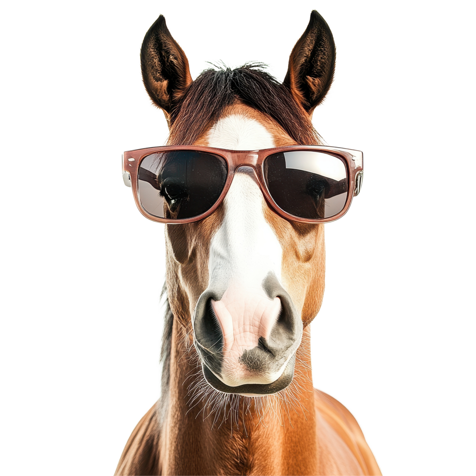 Funny horse wearing stylish sunglasses poses against a white background for a humorous moment, Funny horse wearing sunglasses on white background png