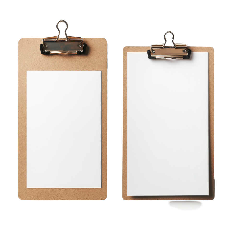 Blank clipboards with and without paper sheet ready for notes and sketches on a clean surface, Empty blank clipboard with and without paper sheet on white background png