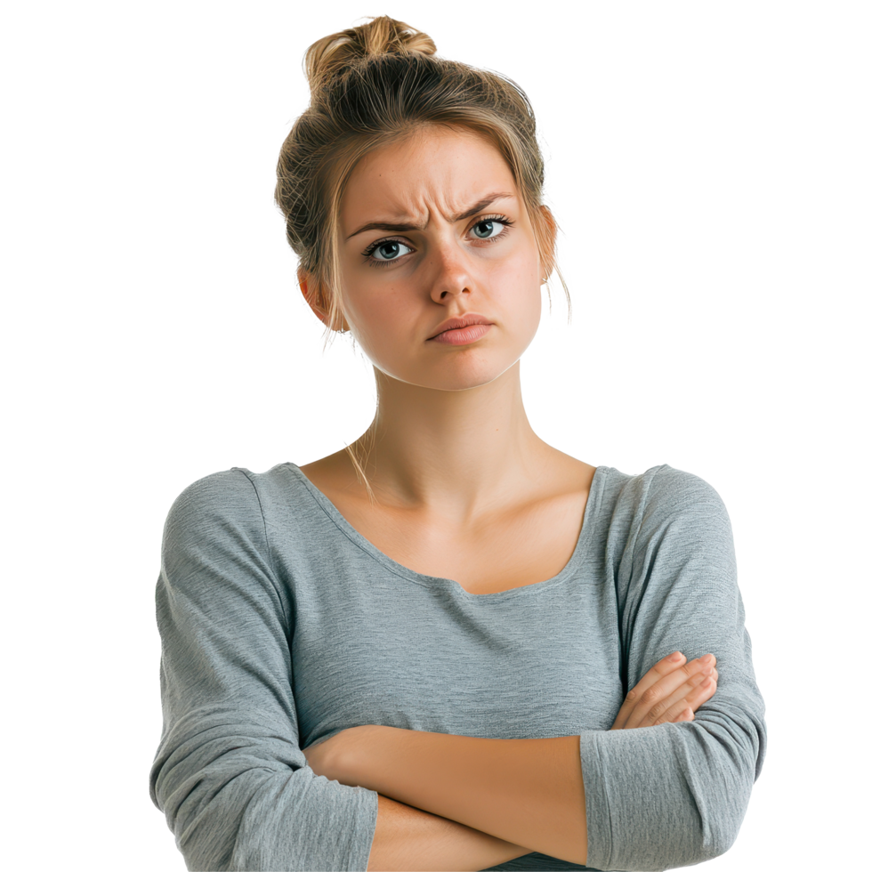 Young woman with arms folded expresses frustration while talking in a bright, isolated space, Young Woman with Arms Folded Talking on Head isolated on Transparent background png