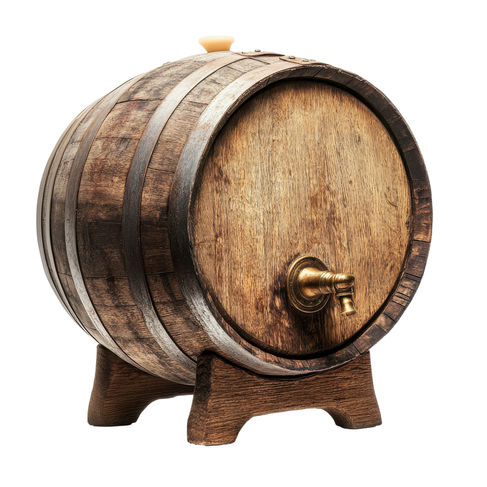 Oak wooden wine barrel with tap is ideal for wine storage and serving in home or culinary settings, Oak wooden wine barrel with tap isolated on Transparent background png