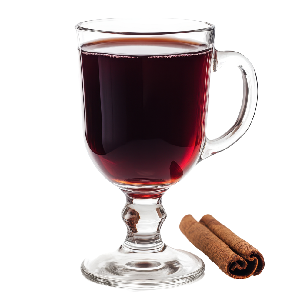 Mulled wine served in a clear glass with cinnamon sticks on a Transparent background during winter festivities, Mulled wine in glass isolated on background png