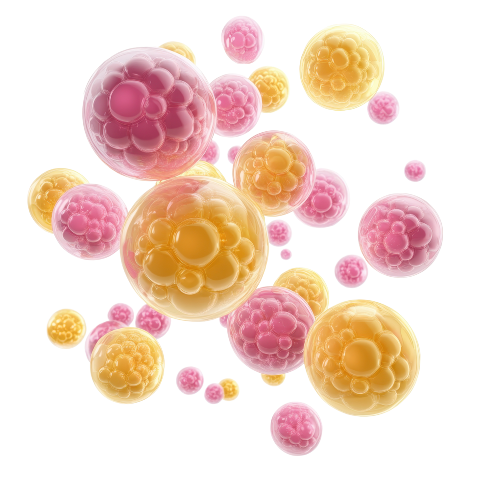 Group of vibrant yellow and pink spheres with intricate details floating in a white background, group cellulores with yellow and pink spheres, white background png