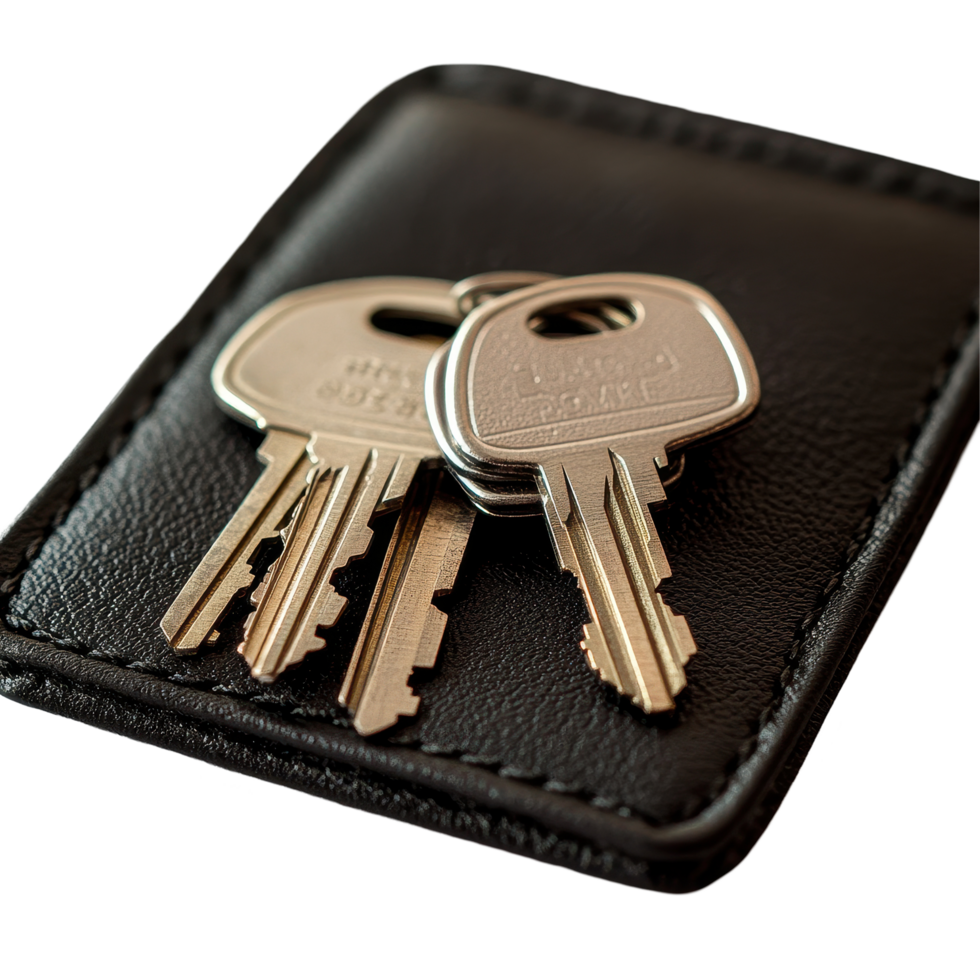 Bunch of keys resting on a black wallet against a white background in a simple and clean arrangement, bunch keys in a black wallet png