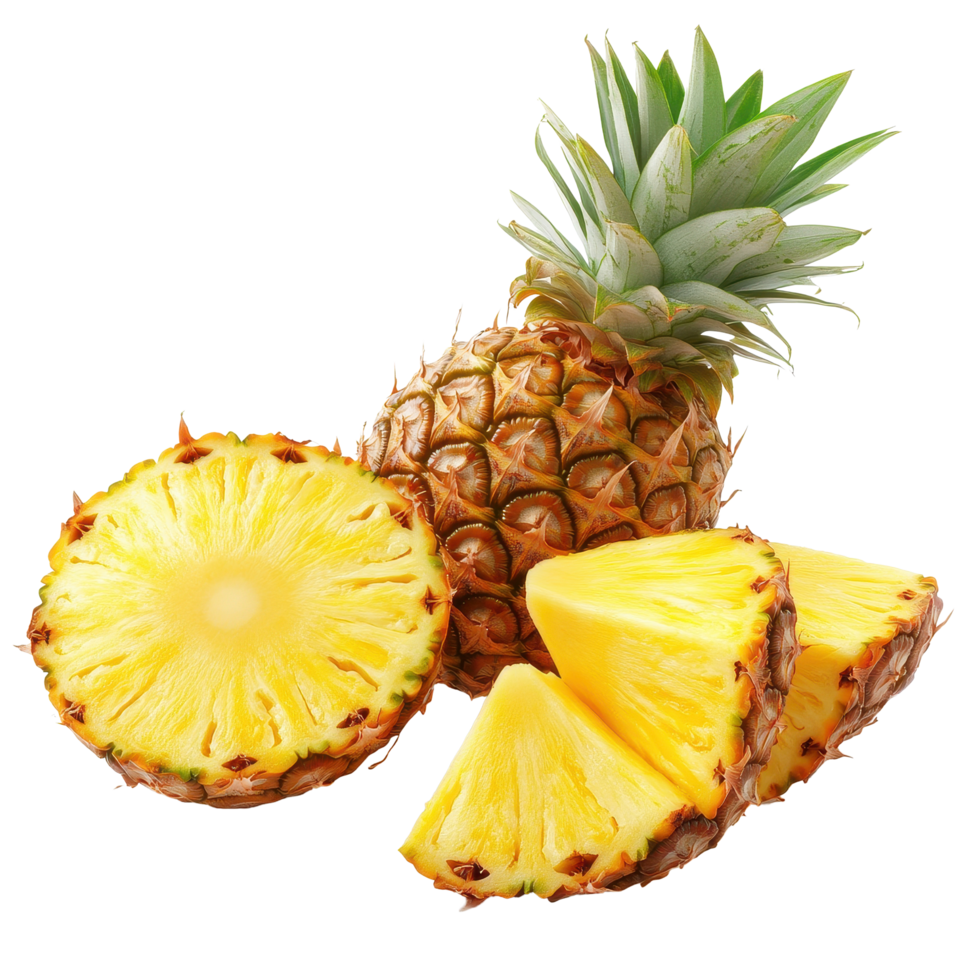 Fresh pineapple slices and whole fruit ready for healthy snacking and cooking ideas, slices and a half pineapple fruit isolated on Transparent background png