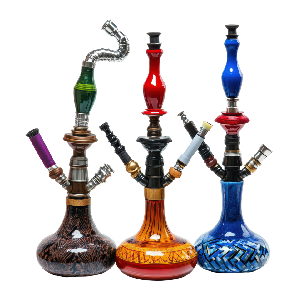Colorful hookahs and shishas displayed against a white background for smoking enthusiasts and gatherings, hookahs shishas isolated on white background png