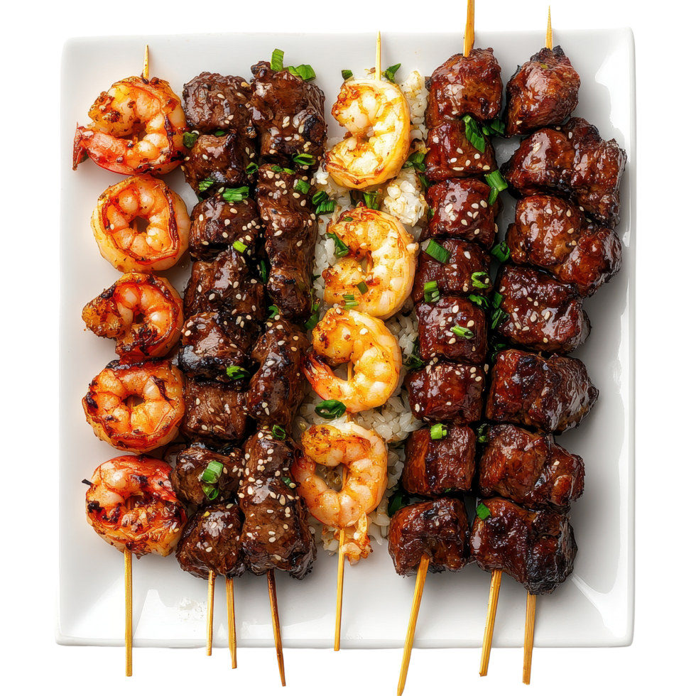Enjoying skewers with teriyaki chicken, beef satay, and garlic prepared for a delightful meal, Skewers with Teriyaki Chicken, Beef Satay, and Garlic Lemon Shrimp on Transparent background png