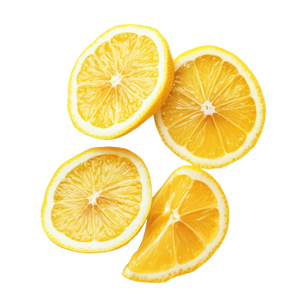Fresh and juicy lemon slices arranged on a Transparent background for citrus delight, ripe lemon slices isolated, Fresh and Juicy Lemon, isolated on background png