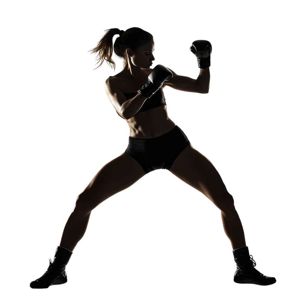 Silhouette of a woman practicing knee strikes in muay thai during sunset in a training studio, Silhouette a woman doing knee strikes in muay thai sport, isolated on Transparent background png