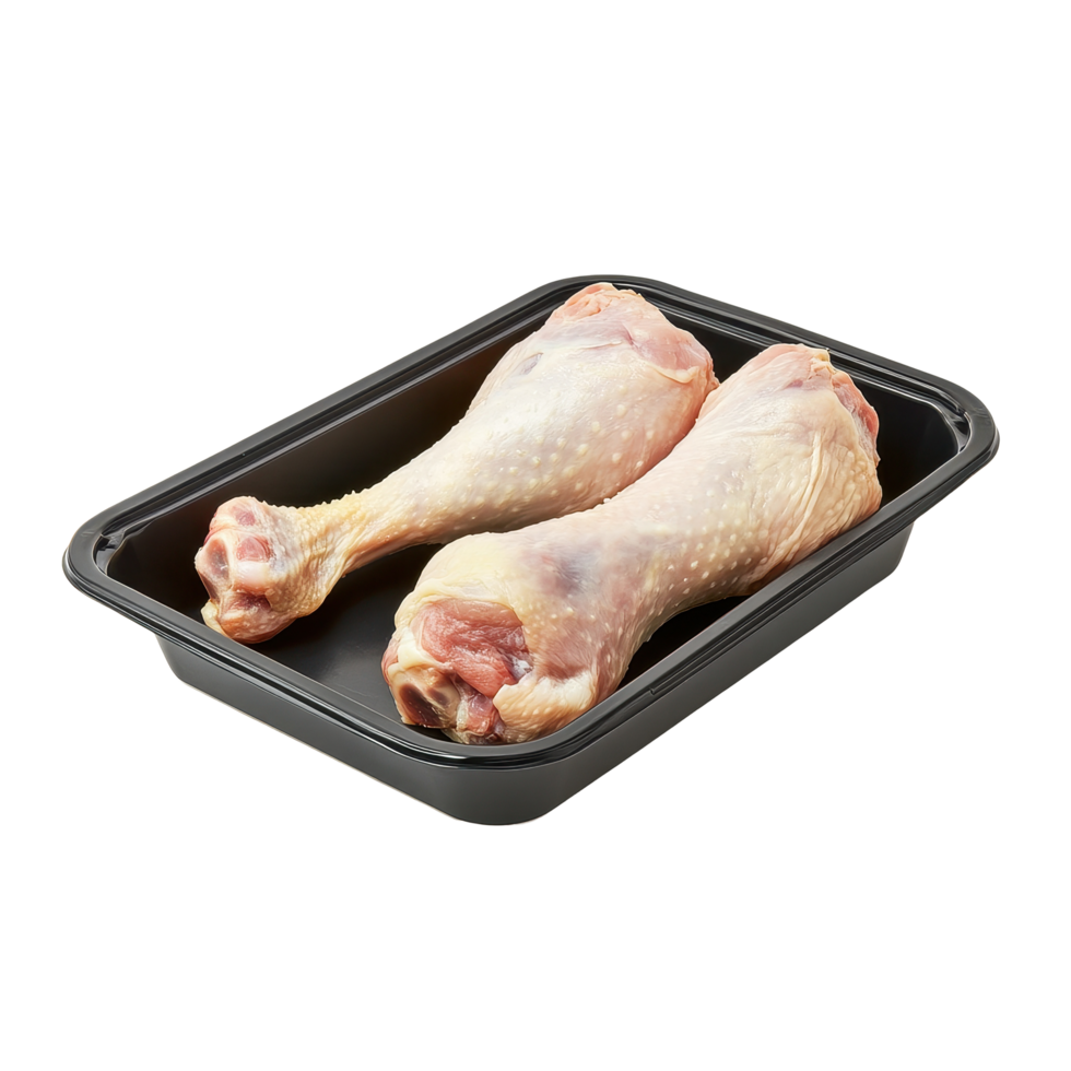Fresh raw chicken legs in a black plastic tray ready for preparation and cooking, Raw chicken legs in a black plastic tray isolated on Transparent background png