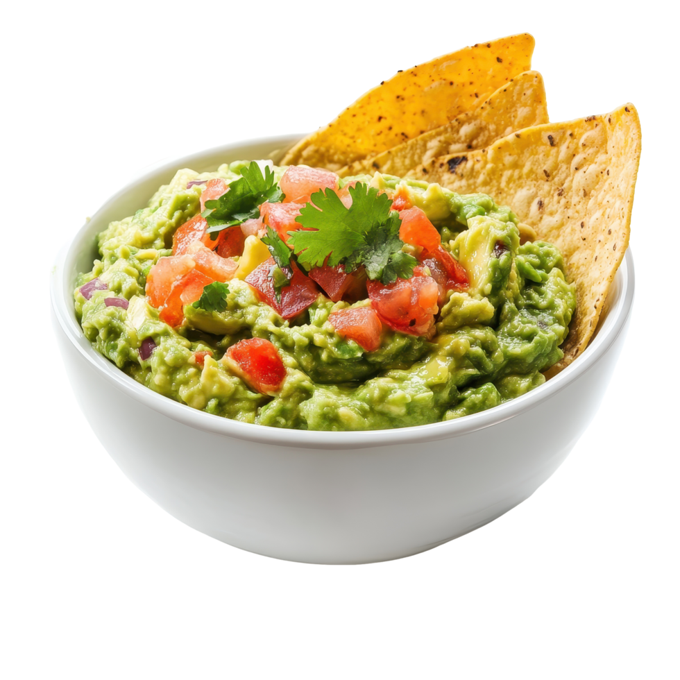 Fresh guacamole served in a white ceramic bowl with crispy tortilla chips against a white background, guacamole on white ceramic bowl isolated on white background png