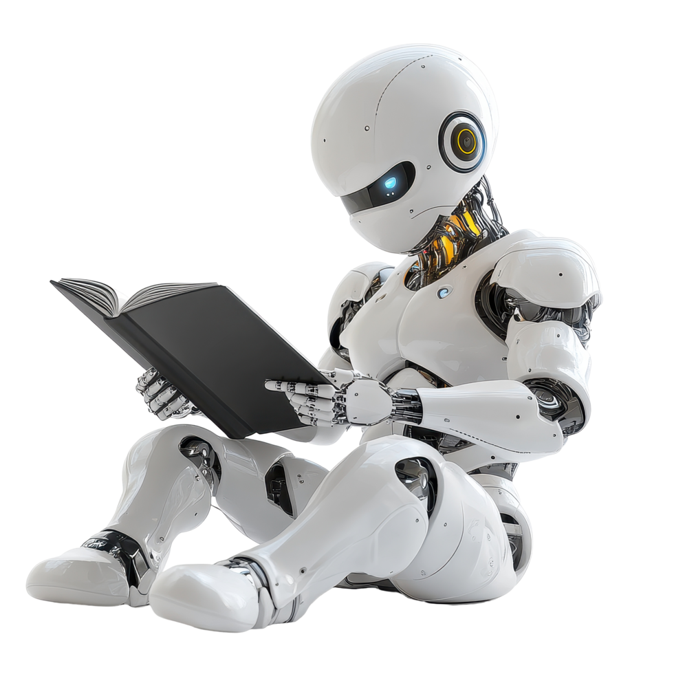 Cheerful humanoid android engages in reading a book on a white background, Cheerful Humanoid Android Reading Book on white background png