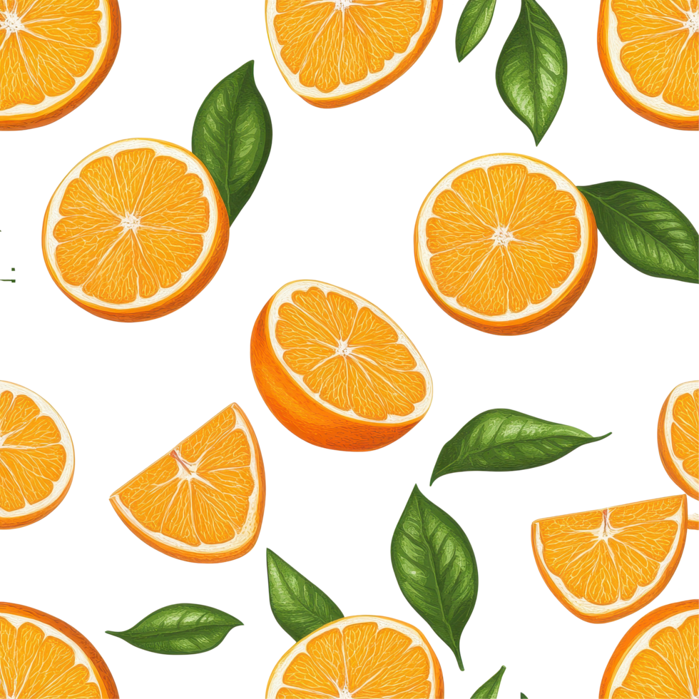Seamless pattern featuring vibrant oranges and fresh green leaves for a lively background design, oranges and slices orange, seamless pattern background png