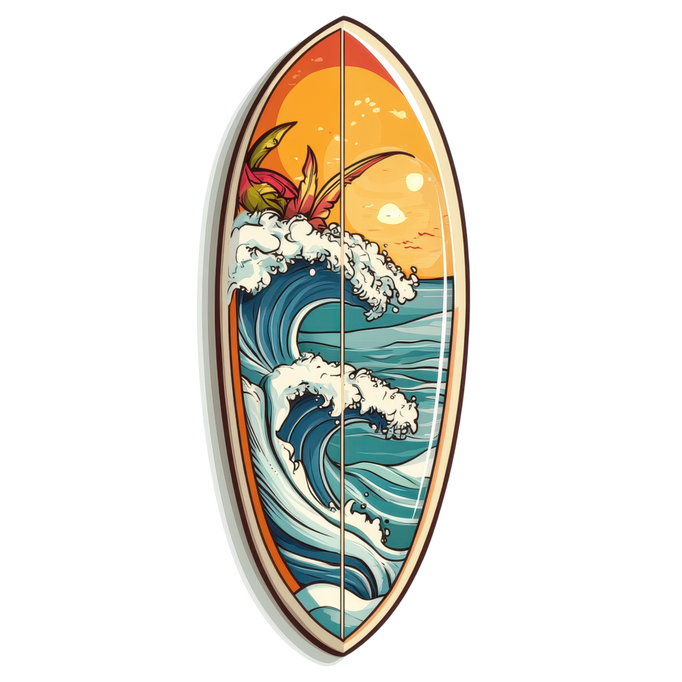 Colorful surfboard design features sun, waves, and plants against a bright Transparent background, Surfboard with cartoon style background png