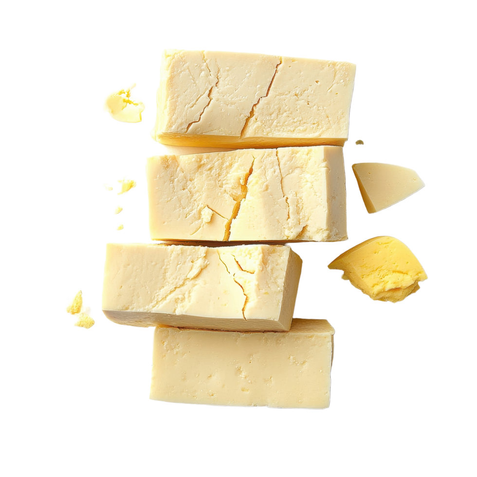 Sliced egg tofu pieces arranged on a clean Transparent background with minimal texture details, sliced egg tofu on background png