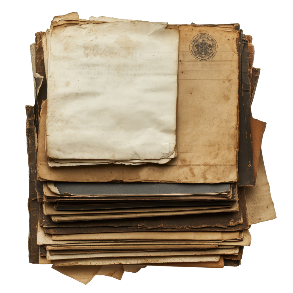 Historical archive of antique documents showcasing various styles from past centuries and diverse locations, Historical Archive A Antique Documents, white background png
