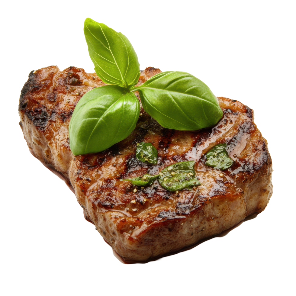 Juicy grilled steak garnished with fresh basil against a clean Transparent background, piece steak with a sprig basil on top, background png