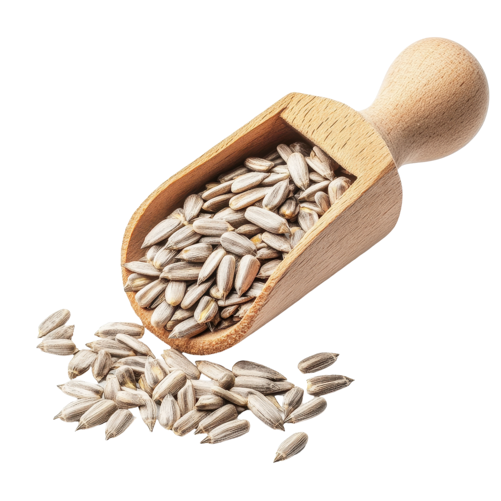 Sunflower seeds in rustic wooden scoop on Transparent background for natural food presentations, sunflower seeds in wood scoop isolated on background png