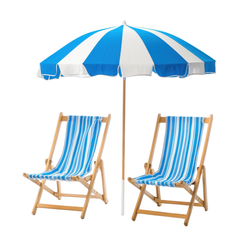 Relaxing summer beach setup with blue and white striped chairs and umbrella on a sunny day, Summer Beach Chairs with Umbrella On Transparent background png