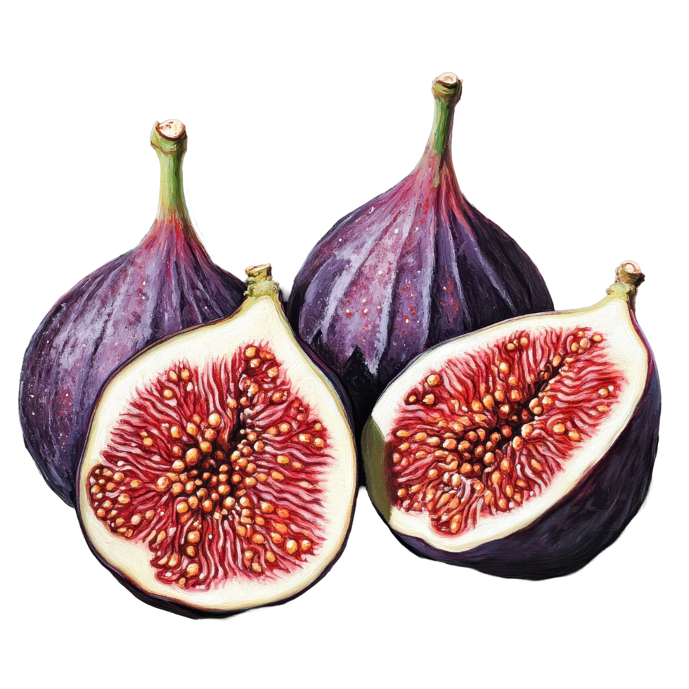 Whole and cut figs displayed on a dark surface emphasize their rich colors and textures, Whole and cut figs png