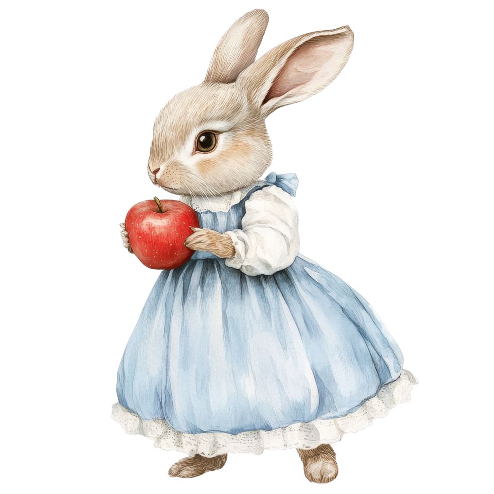 Bunny in a blue dress holding a red apple stands confidently in a whimsical setting, realistic a bunny in blue dress with an apple,, Transparent background png