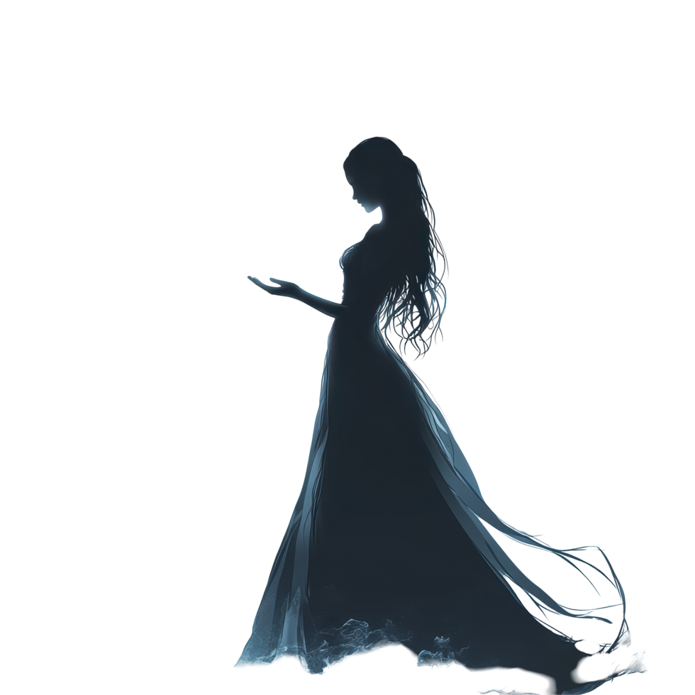 Woman in long dress holds glowing orb in front of full moon at night, woman in a long dress holding a glowing orb in front a full moon Transparent background png