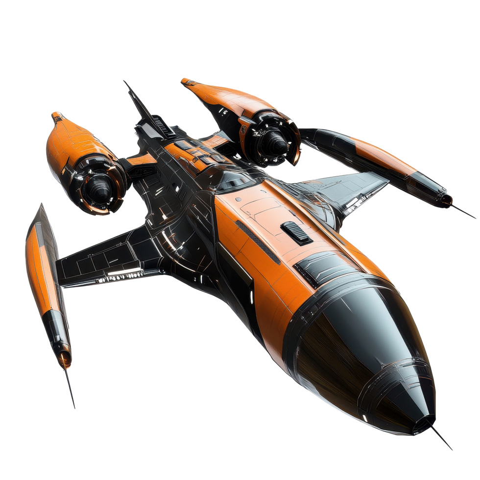 Large orange and black spaceship with propeller soaring through the cosmos, large orange and black space ship with a propeller, Transparent background png