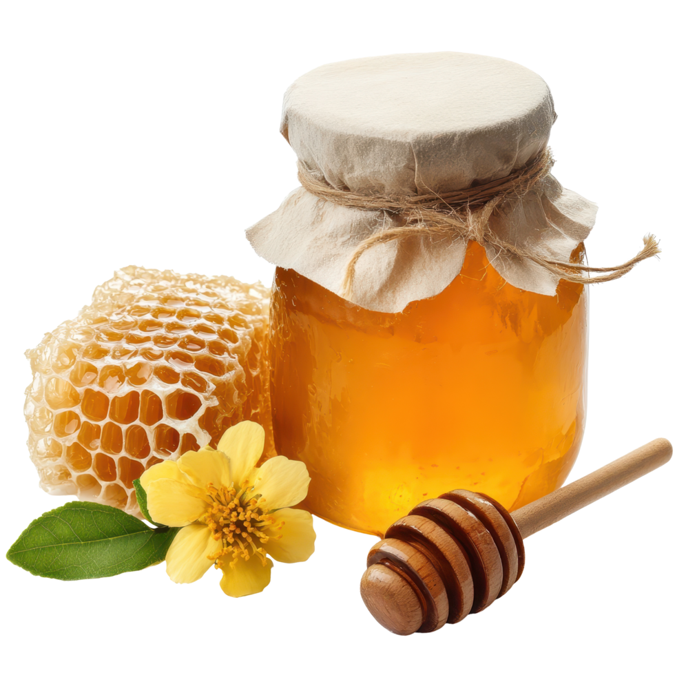 Delicious honey jar with honeycomb, flower, and wooden dipper isolated on a white background, Honey isolated on white background png