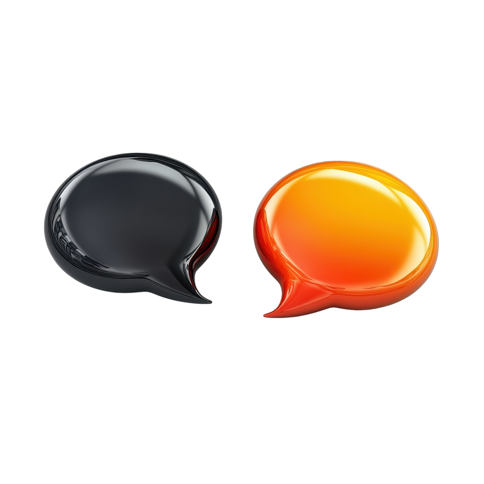 Glossy black and orange speech bubbles isolated on a Transparent background for communication and design purposes, two glossy speech bubble isolated on White background png