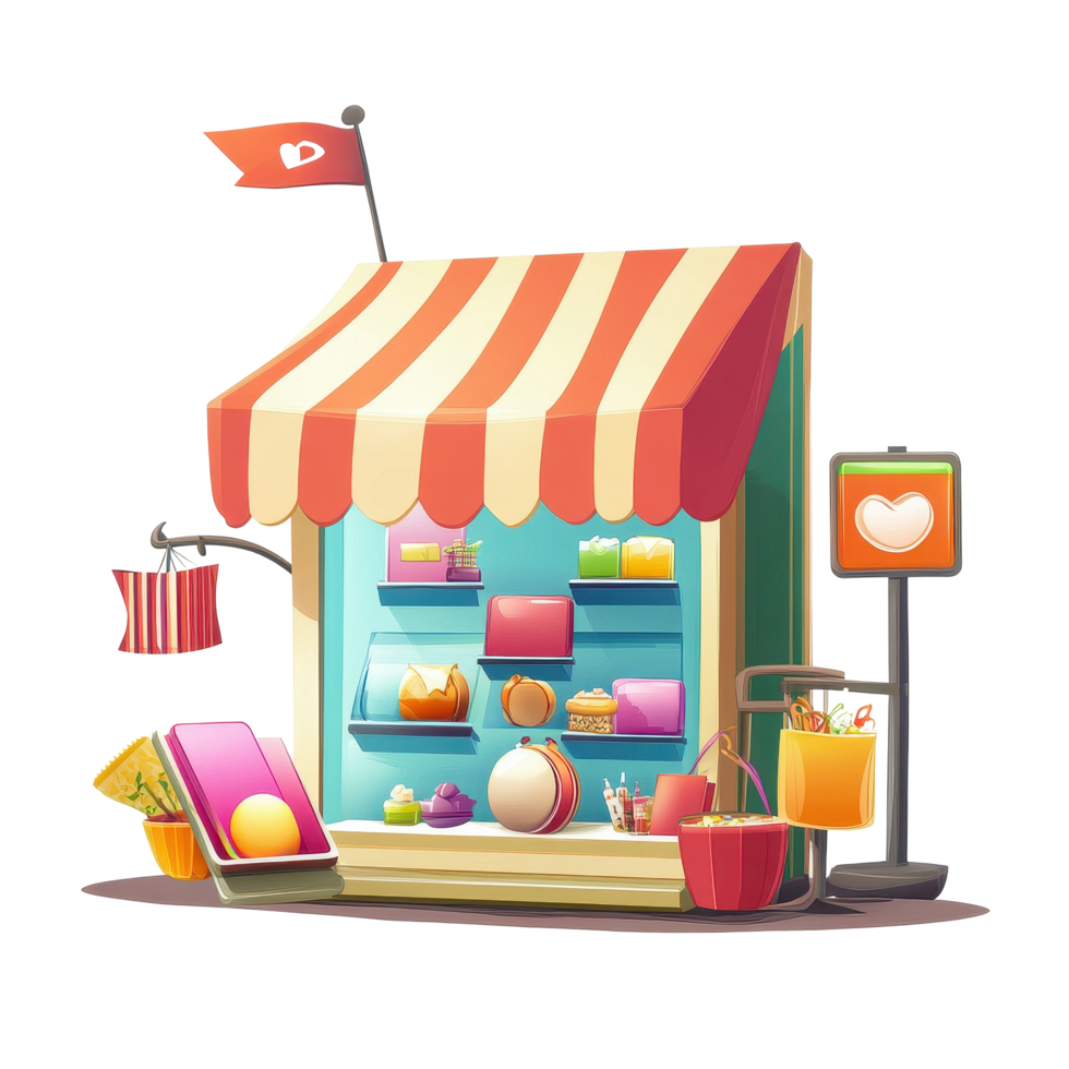 Mobile shop illustration with vibrant cartoon style and colorful display on Transparent background, Online mobile shop with cartoon style background png
