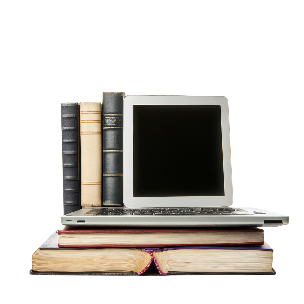 Modern laptop on stack of books against a clean Transparent background showcasing a study setup, Laptop and books isolated on background Modern education and on line learning png