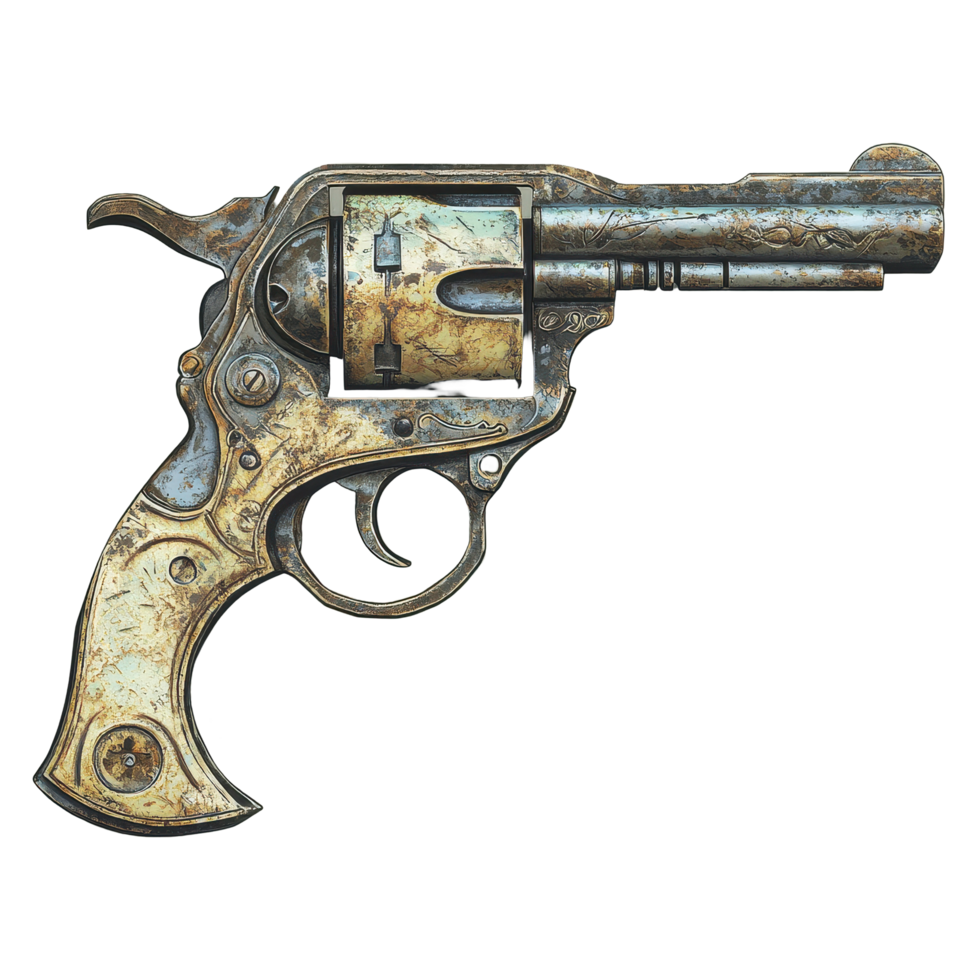 Retro metal revolver gun concept with detailed engravings and aged appearance, Old retro metal revolver. Gun concept png