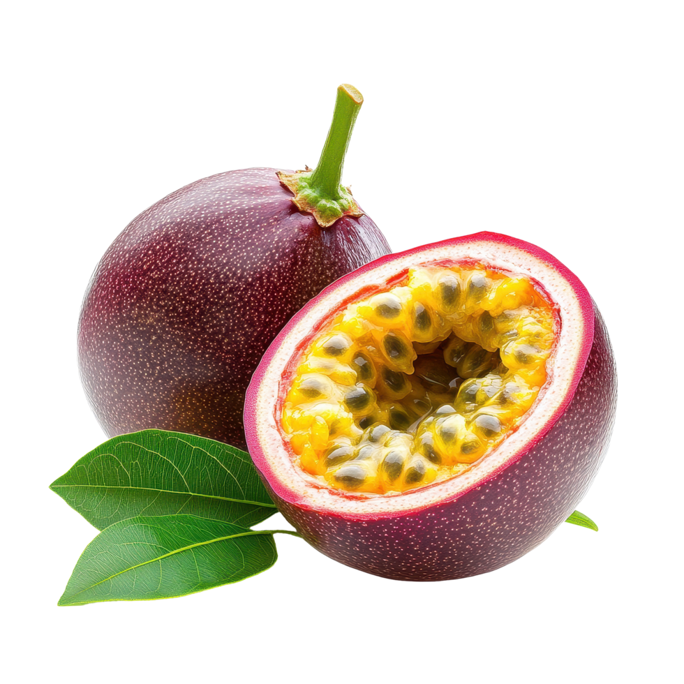 Ripe passion fruit with vibrant yellow pulp and green leaf on a clean Transparent background, ripe passion fruit with leaf isolated on background png