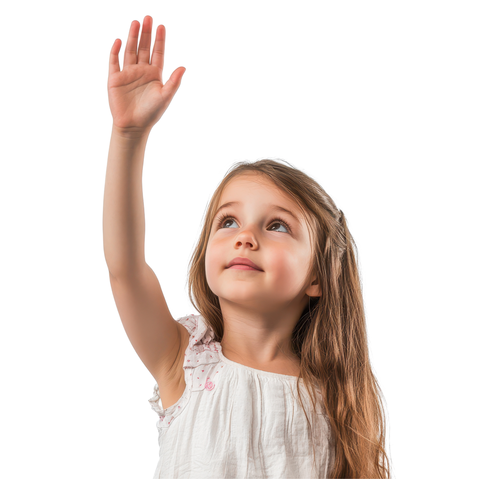 Young girl with long hair raising hand against a plain Transparent background showing eagerness to participate, Young Girl Raising Hand on background png