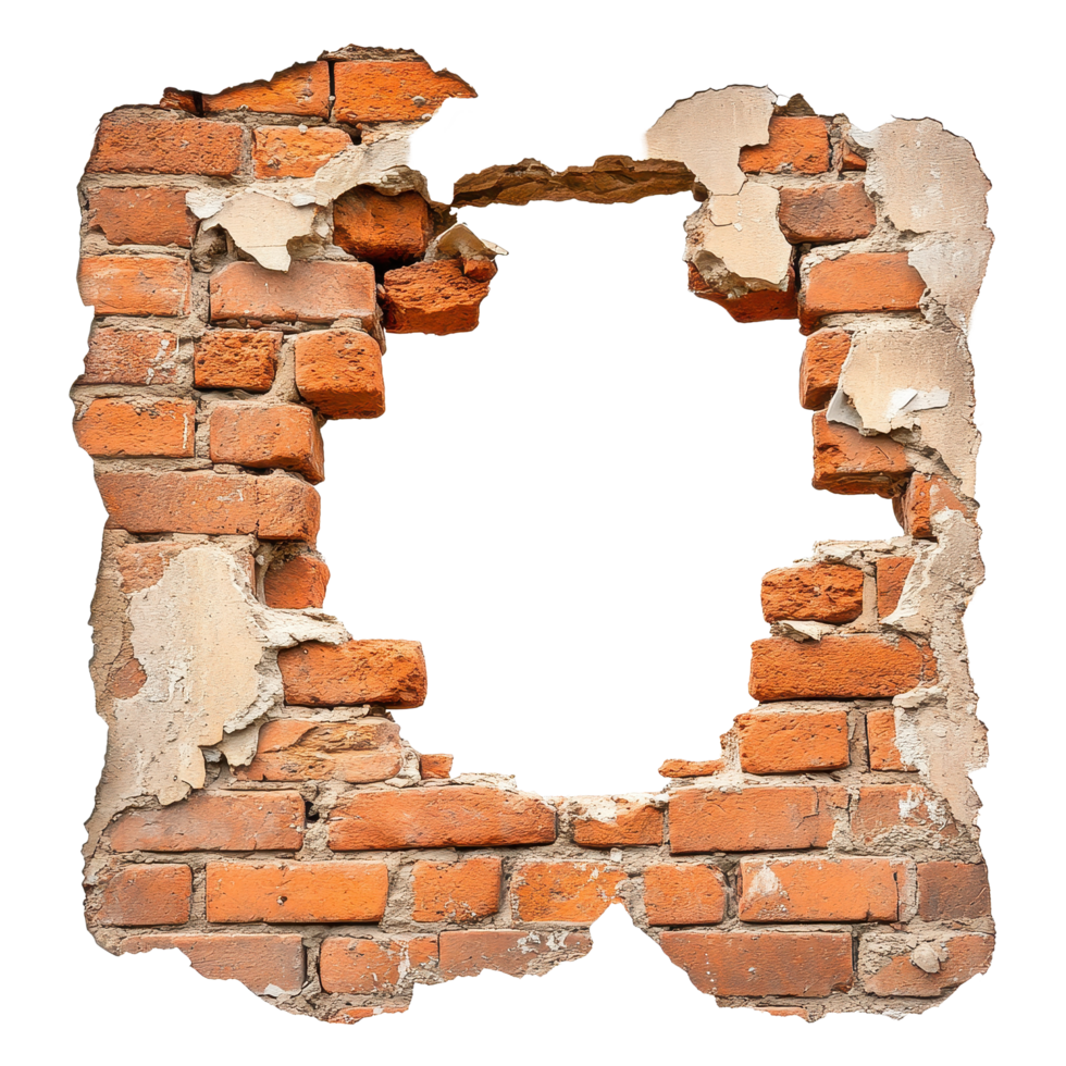 Broken brick wall with large hole revealing empty space in isolated gigapixel detail, Broken brick wall with hole in the center isolated on white background png
