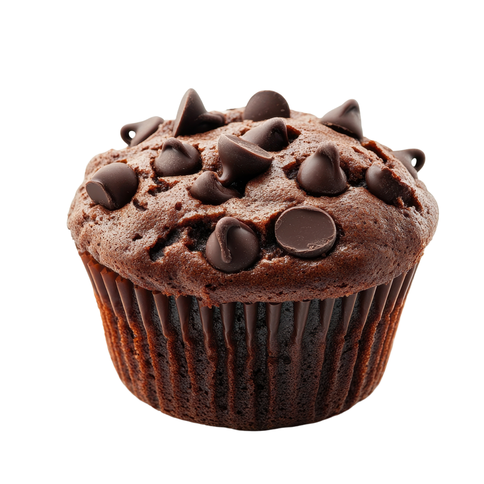 Delicious chocolate fondant muffin topped with chocolate chips on a Transparent background, delicious chocolate fondant muffin with a few chocolate chips on background png