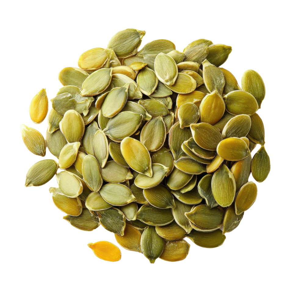Pumpkin seeds scattered on a Transparent background highlighting their natural texture and color variations, Pumpkin seeds on background png