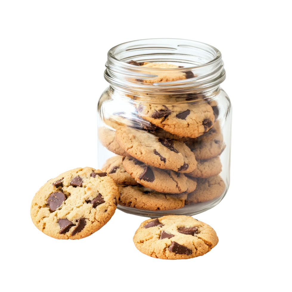 Delightful assortment of freshly baked cookies in a glass jar on a Transparent background, Open Jar with Cookies isolated on background png