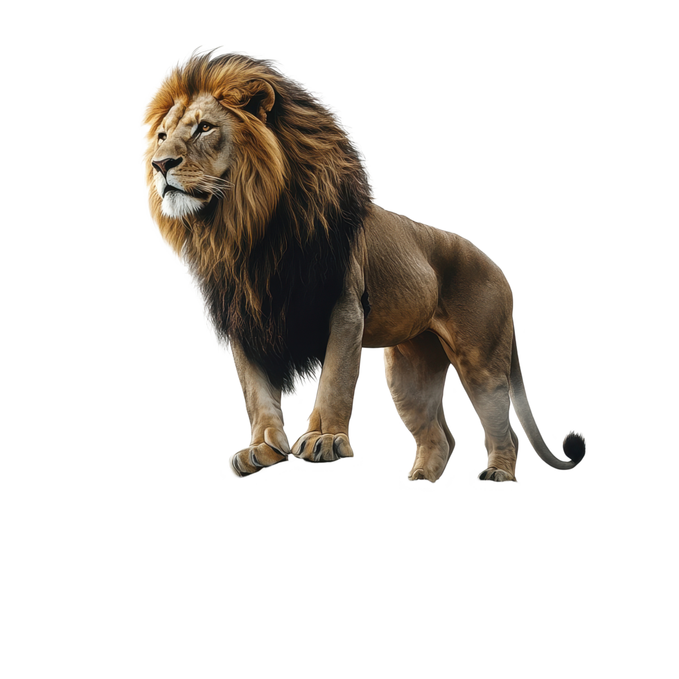 Lion stands majestically on a rocky ledge with stunning backdrop of mountains and clouds, Lion standing on a rocky ledge with a backdrop stone wall and mist, Transparent background png