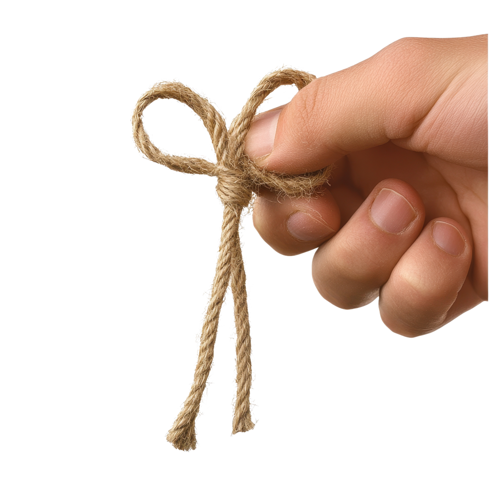 Isolated hand holding a tied bow reminder string for focus and organization, Isolated string tied bow finger forgetful reminder png